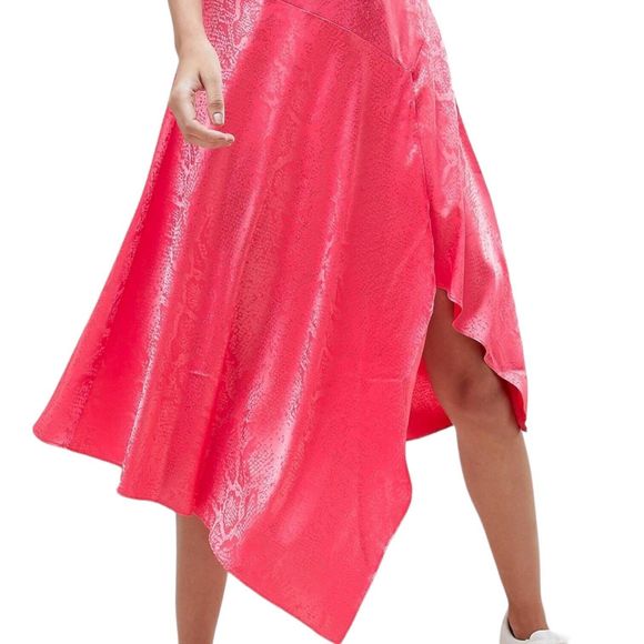 New ASOS Design Women's 6 Small Pink Asymmetrical Hem Midi A Line Skirt Snake - Picture 3 of 10